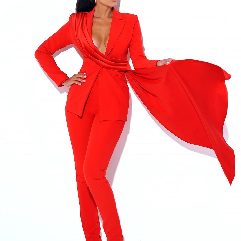 Miss Circle Red Draping Blazer Jacket and Skinny Fit Crepe Trousers